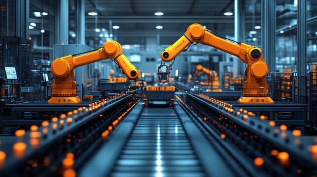 Automated Assembly Line: A close-up perspective of an advanced manufacturing facility, showcasing robotic arms meticulously assembling parts on a conveyor belt. The image evokes a sense of efficiency,