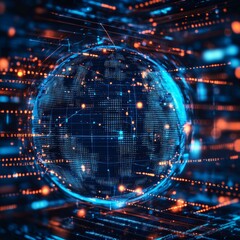 Digital World Map with Glowing Grid and Global Connections
