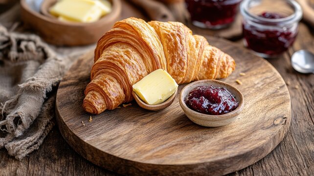 Golden Croissant: A freshly baked croissant with a pat of butter and a dollop of jam, set on a rustic wooden cutting board, the perfect image for a breakfast or pastry-themed advertisement.  