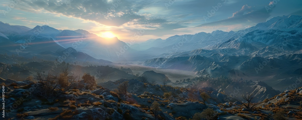 Canvas Prints Dawn breaking over a quiet mountain range, 4K hyperrealistic photo,