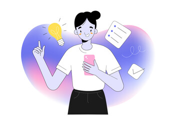 Person having an idea, pointing a finger up, takes note using a note-taking application, lamp bulb icon and ui elements floating around, concept of idea, finding a solution, solving a problem, vector