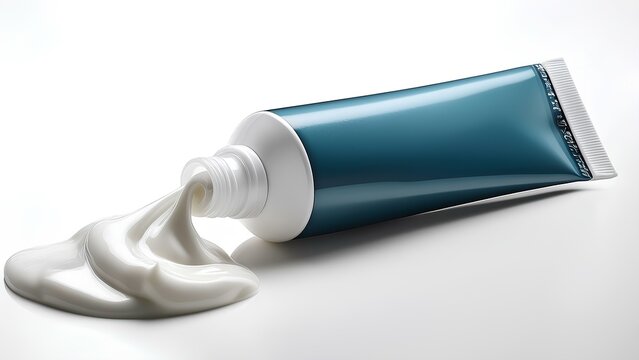 Container for cream, ointment or gel. Tube of toothpaste with squeezed out paste on white background.