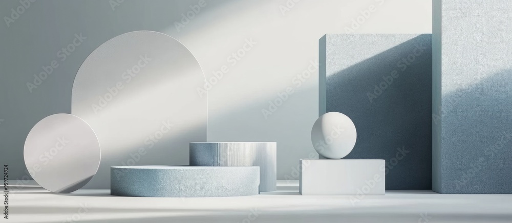 Poster Abstract 3D rendering featuring geometric shapes on a white background suitable for product presentation or mockup showcasing minimalistic design with ample empty space
