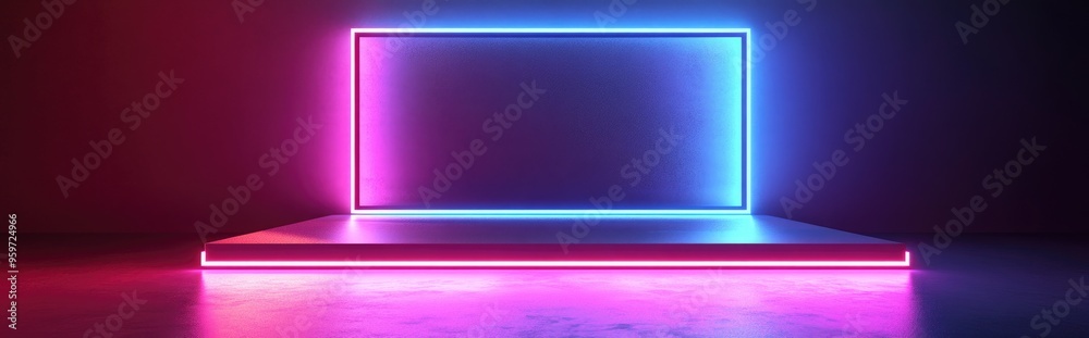 Poster Minimalist neon square display platform for product promotion 3D rendering