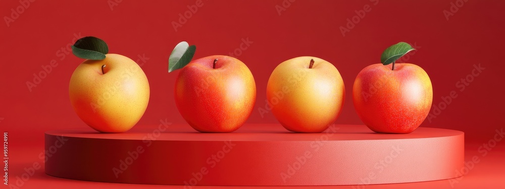 Poster apples displayed on a podium with a red backdrop 3d illustration