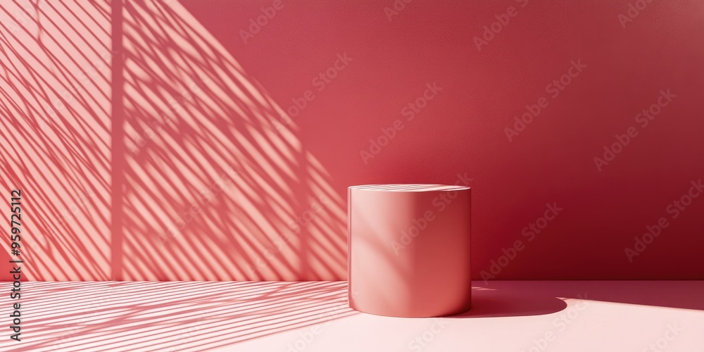 Poster minimalistic rose colored podium in studio lighting a single cylinder stands against a rose backgrou
