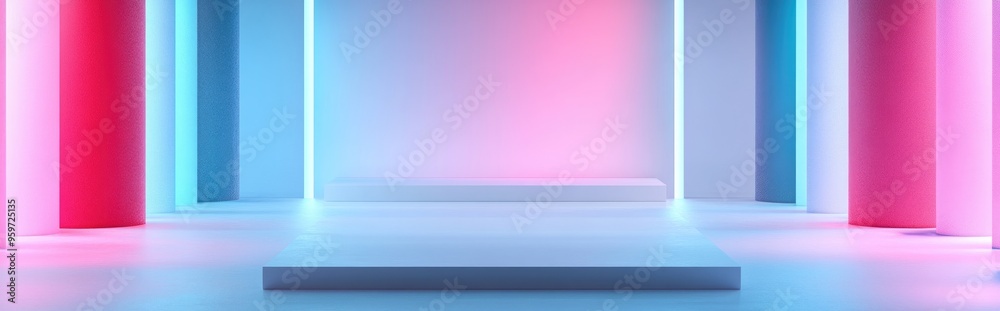 Poster Pink minimalist backdrop with white flooring showcasing a product display stand in 3D render