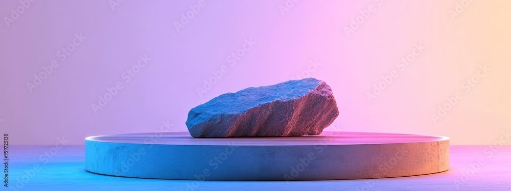 Poster wooden display podium featuring a stone against a white backdrop 3d rendering