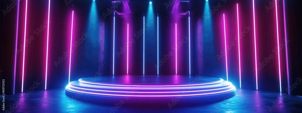Poster neon lights and glowing beams on a futuristic podium in a sci fi cyber dance stage with a dark backg