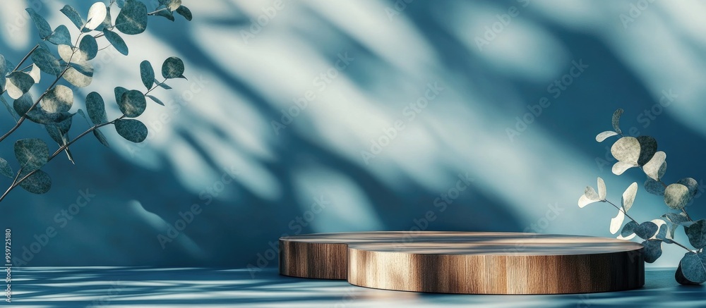 Poster Abstract wooden podium with eucalyptus leaves and shadows on a blue background Mockup display for product presentation 3D rendering Minimalistic concept Advertising template