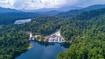 Fototapeta premium Bird's eye view of the Royal Belum State Park, with its pristine rainforest and hidden waterfalls in Perak.