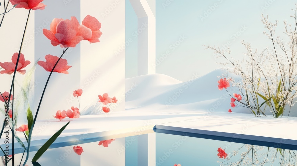 Poster abstract landscape scene of spring and summer featuring geometric shapes a lake and floral views in 