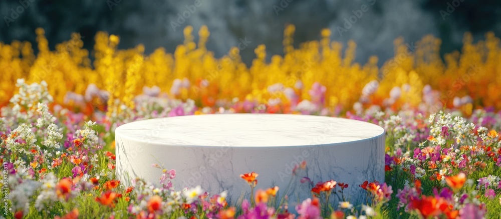 Poster Abstract 3D render of a spring scene featuring a natural podium background with a white stone podium set against a vibrant field of flowers and grass ideal for product display and advertising