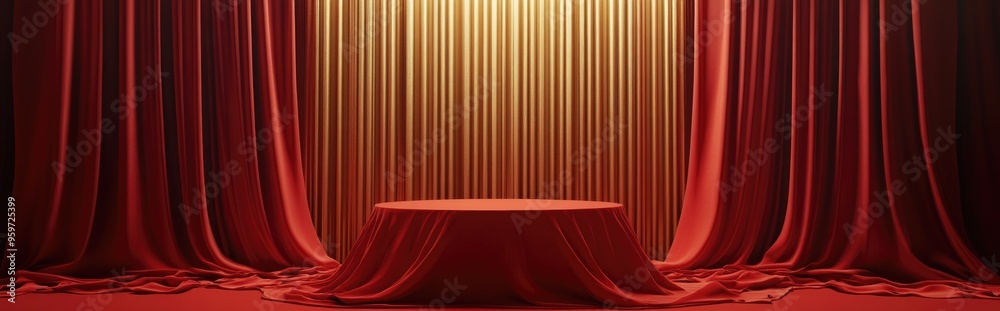 Aufkleber podium draped in red fabric with a gold curtain in the background 3d illustration