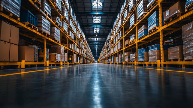 An organized warehouse interior showcasing efficiency in logistics and supply chain management, effective inventory control, and space optimization.