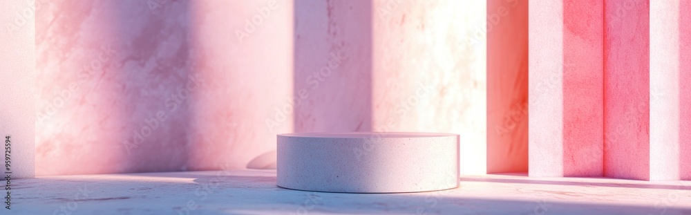 Poster Abstract minimal scene featuring geometric shapes Empty cylindrical podium set against a minimalistic background Design intended for product showcase 3D rendering