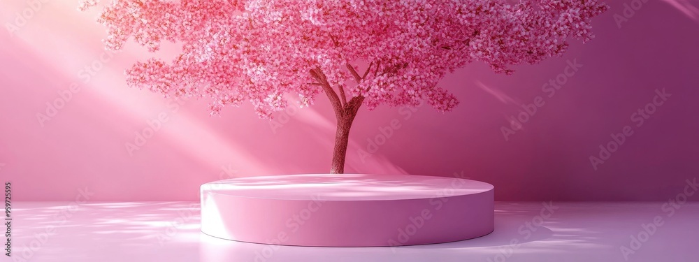 Aufkleber minimalist pink cylinder product podium display with a cherry blossom tree in a garden setting conce