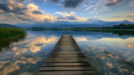 Fototapeta premium Wooden pier extending into calm lake with mountains in the background.
