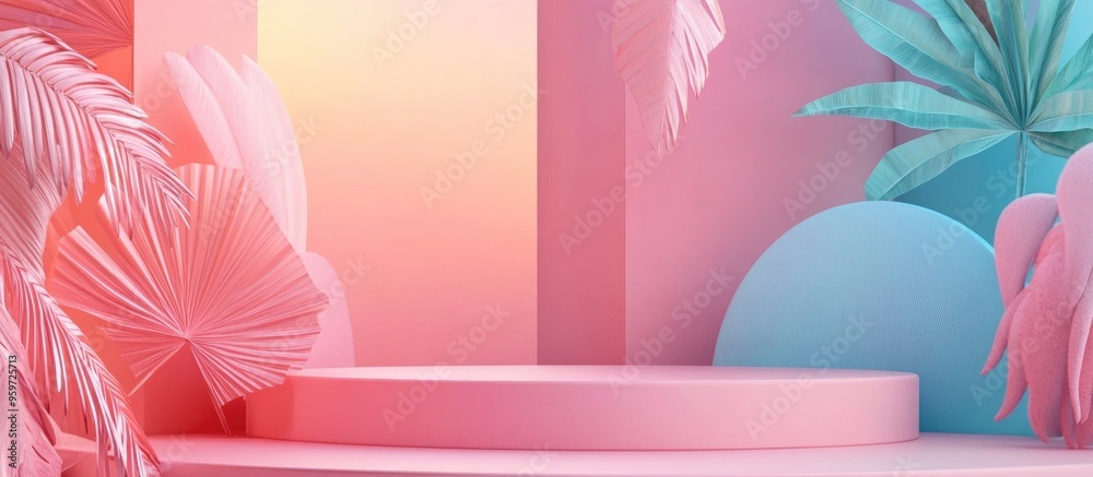 Poster abstract pastel colored scene featuring a pink geometric podium in the background 3d rendering