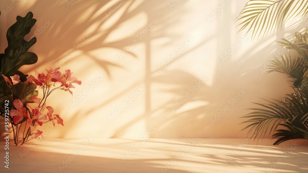 Aufkleber Abstract studio backdrop for showcasing products Vacant space featuring window shadows flowers and palm leaves Softly blurred background