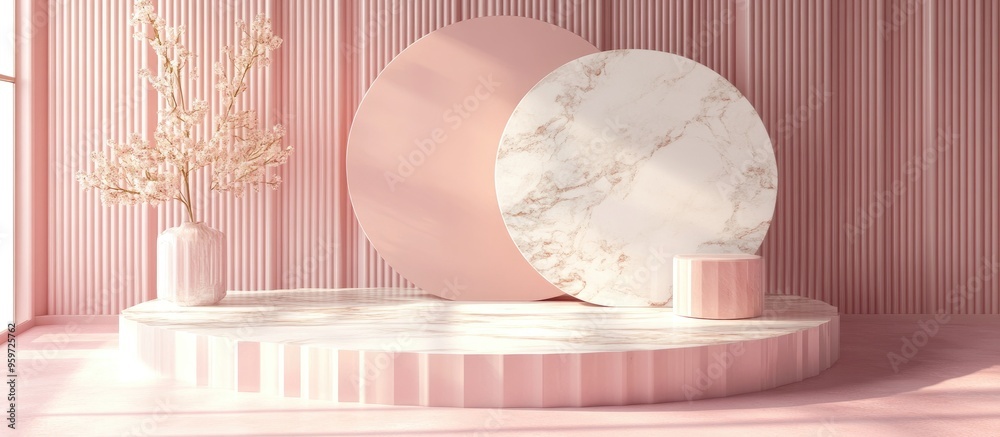Poster minimal pastel studio background featuring a 3d marble podium and abstract geometric shapes