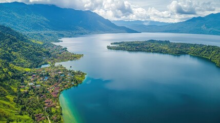 Naklejka premium Bird's eye view of the serene Lake Maninjau in West Sumatra, nestled among the lush hills and surrounded by small villages.