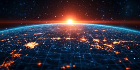 Digital World Map with Glowing Grid and Global Connections