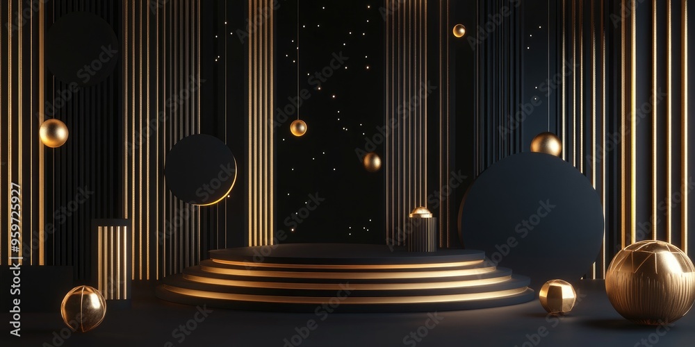 Poster abstract podium background featuring geometric shapes in black and gold minimalist 3d rendering idea