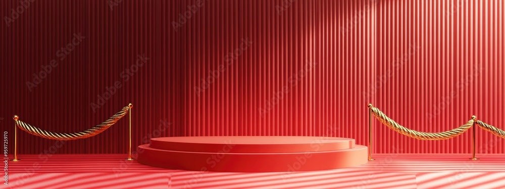 Poster a red podium set against a red pink striped background adorned with gold rope queue stands this illu