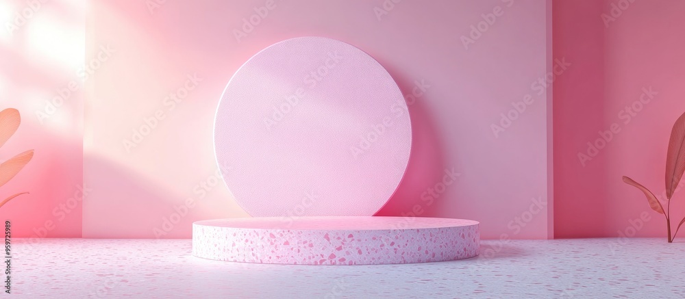 Poster abstract mock up featuring pastel colors with a pink geometric shape podium in the background 3d ren