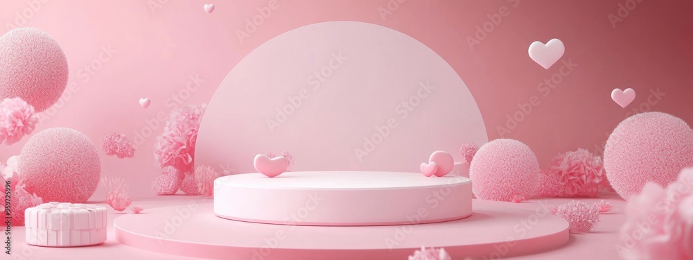 Aufkleber cosmetic product display stand featuring a pink and white round cylinder podium embellished with hea