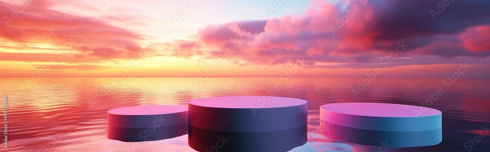 Poster water podium with colorful sky backdrop for advertising display 3d rendering