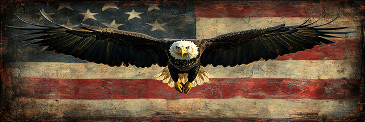 Powerful bald eagle and weathered US flags blend in rustic imagery celebrating American heritage and freedom