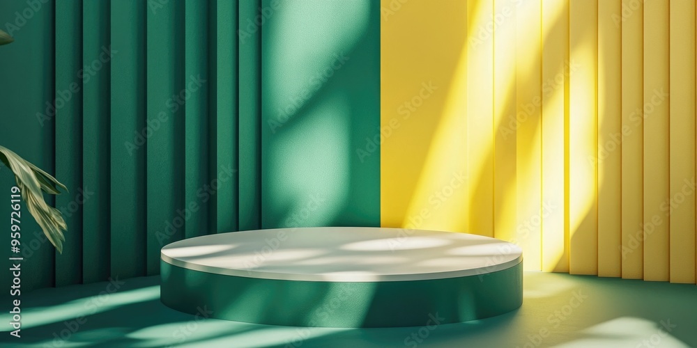 Poster Minimal abstract geometric background featuring direct sunlight in green and yellow tones An empty podium is highlighted for product presentation in a 3D rendering