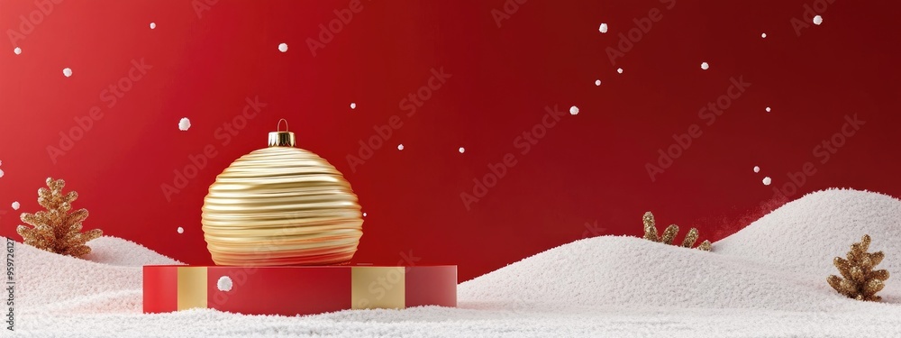 Aufkleber Minimalist product backdrop for winter holiday theme featuring a gold striped bauble podium and snow drifts on a red background 3D render illustration with clipping path for each element included