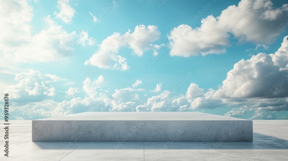 Aufkleber Cement pedestal for product presentation Concrete platform under a blue sky with clouds Blank illuminated backdrop for your designs Bright day setting 3D rendering