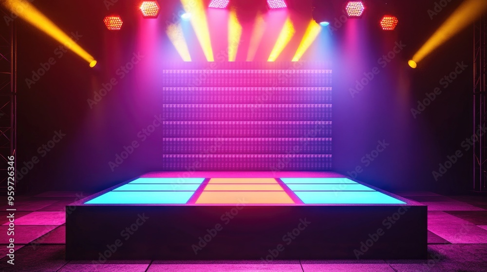 Poster empty podium with a disco panel view of rays magical party ambiance sport inspired style bright envi