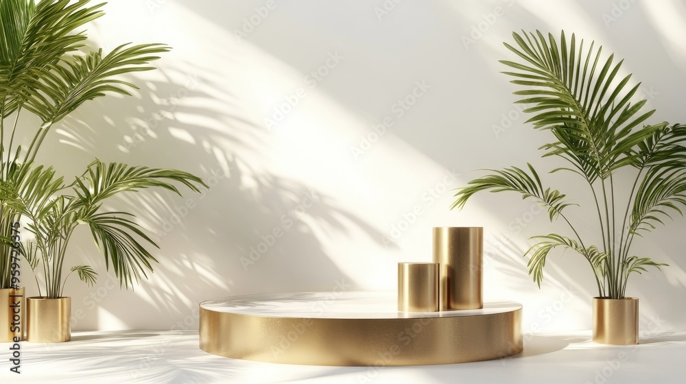 Poster Gold cylinder plant shadows on the wall and podium set against a white background Product display area with a circular platform for showcasing items 3D rendering