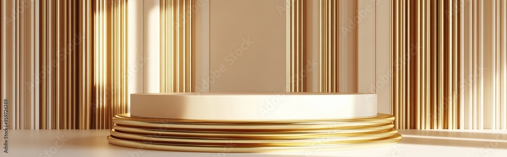 Poster luxurious golden pedestal or blank podium with an elegant background 3d rendering