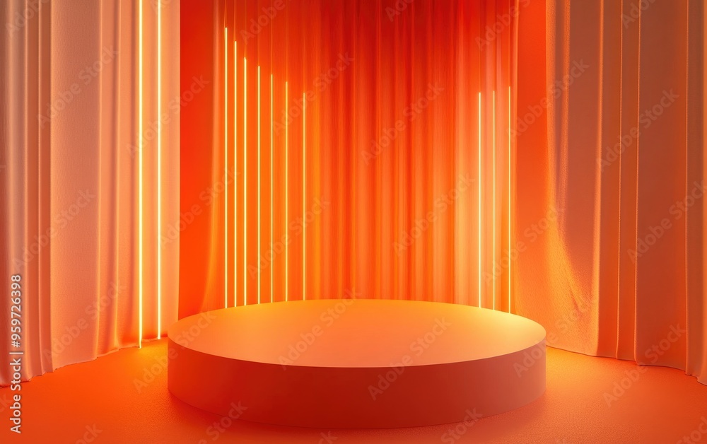 Poster Empty podium or display stage on an orange background featuring a cylindrical stand designed for product showcasing mockup scene 3D rendering