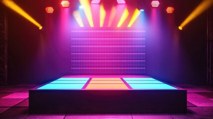 Empty podium with a disco panel View of rays Magical party ambiance Sport inspired style Bright environment Square stand Vivid stage design Exhibition area Central demo space 3D rendering Scene wit