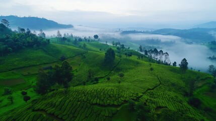 Obraz premium Bird's eye view of the sprawling tea plantations of Ciwidey, Bandung, with mist-covered hills in the background.