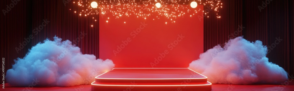 Poster Podium adorned with fairy lights and clouds on a red backdrop 3D rendering