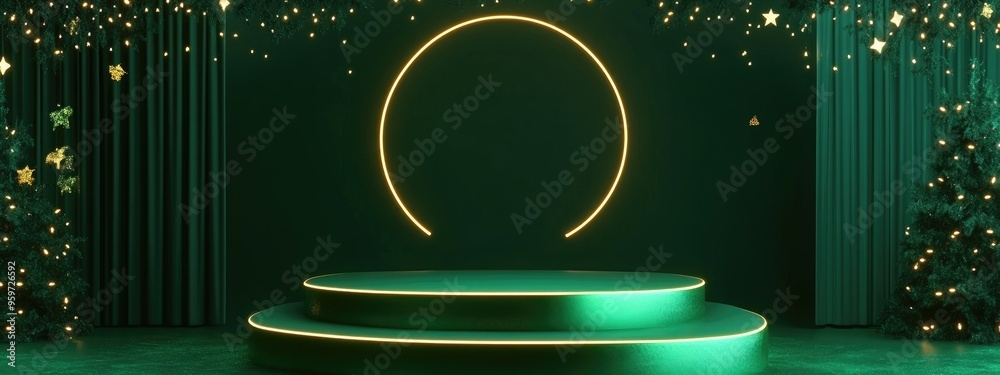 Poster minimalist abstract christmas scene featuring geometric shapes with a cylindrical podium set against