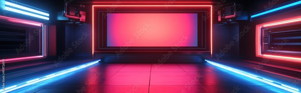 Poster Gray backdrop with LED screen in a news studio setting 3D rendering