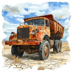 Fototapeta premium Rusty dump truck abandoned in a desert, cracked earth, watercolor style