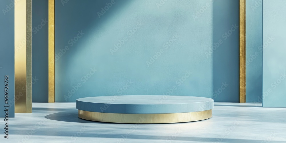 Aufkleber a blue pedestal with golden accents is set against light blue walls serving as a display for product