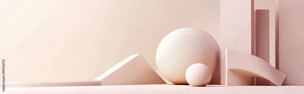 Poster Minimalist abstract composition featuring geometric shapes on a soft pink cream background 3D rendering