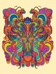 A colorful, symmetrical abstract design featuring swirling lines and organic shapes.