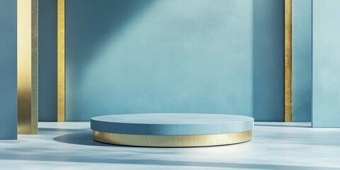 A blue pedestal with golden accents is set against light blue walls serving as a display for products and awards in a contemporary online setting 3D rendering abstract backdrop